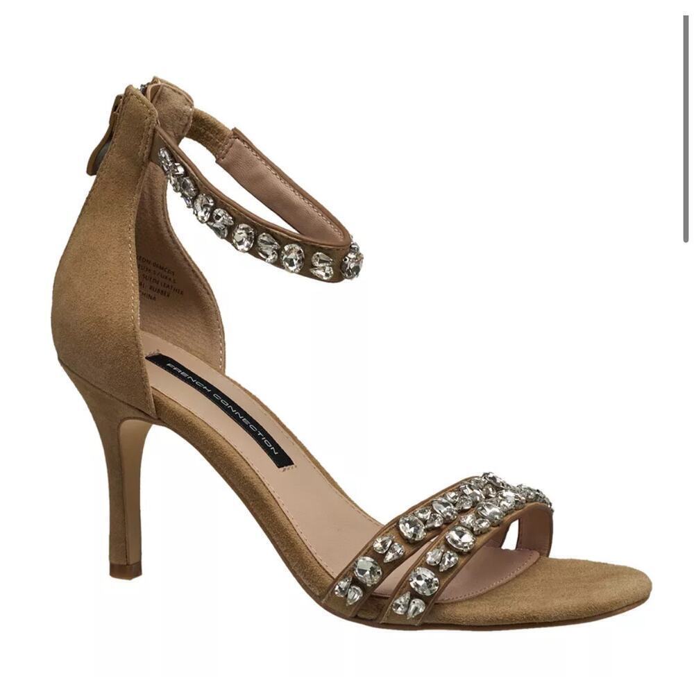 ☀️French Connection Leon Suede Jewel Heeled Dress Sandals Mocha Women's US 9 NWT